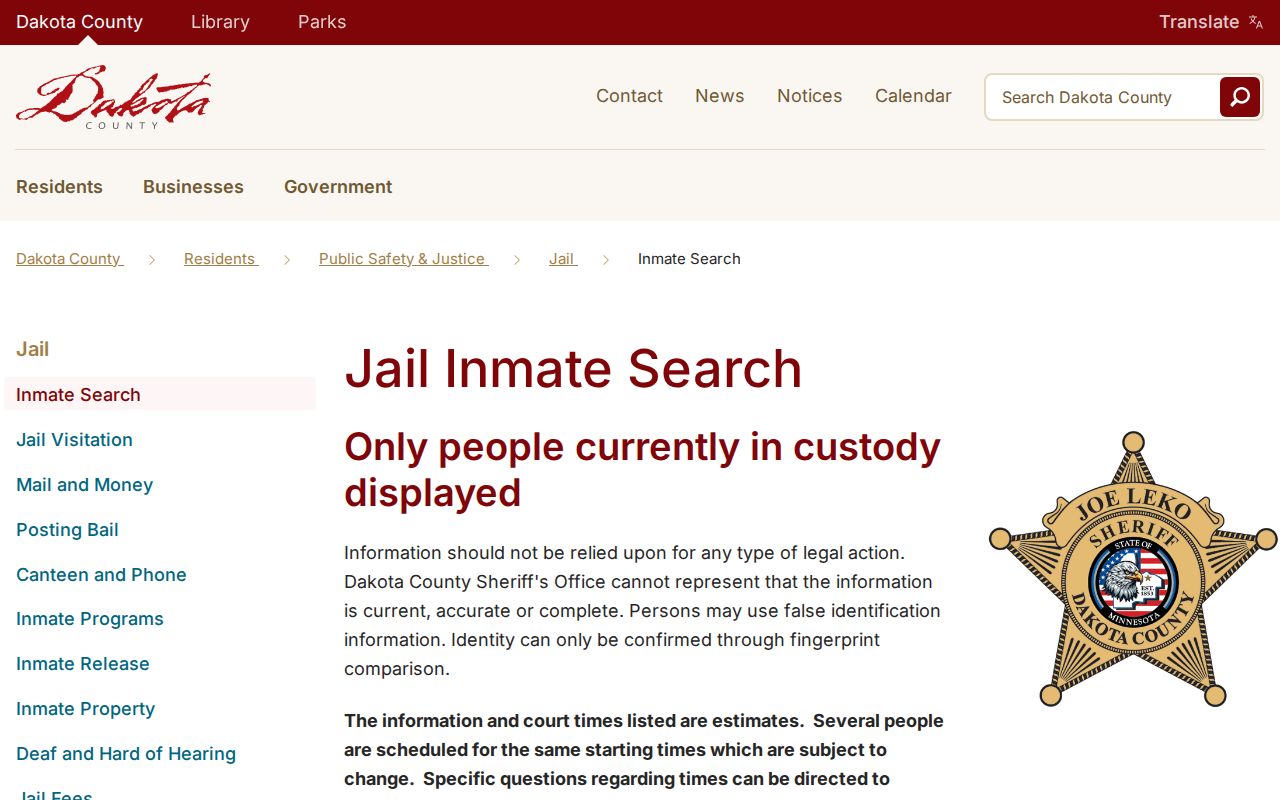 Hastings residents directory Dakota County jail roster fields