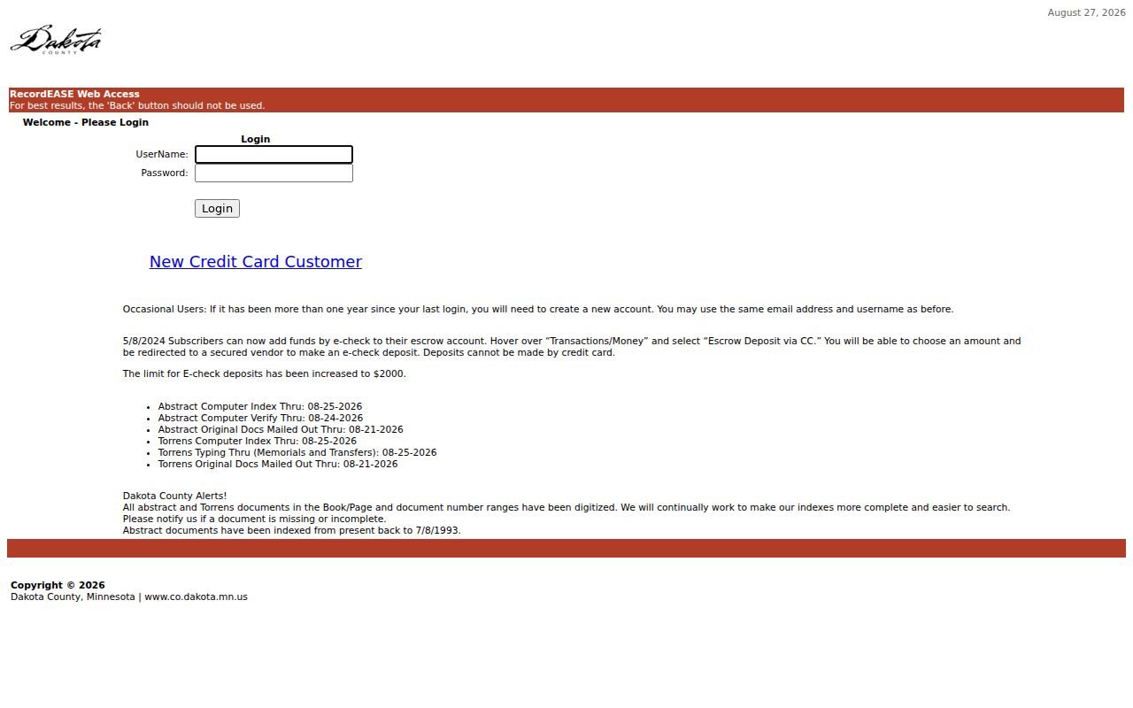 Hastings street-address records RecordEASE recorded-document login screen