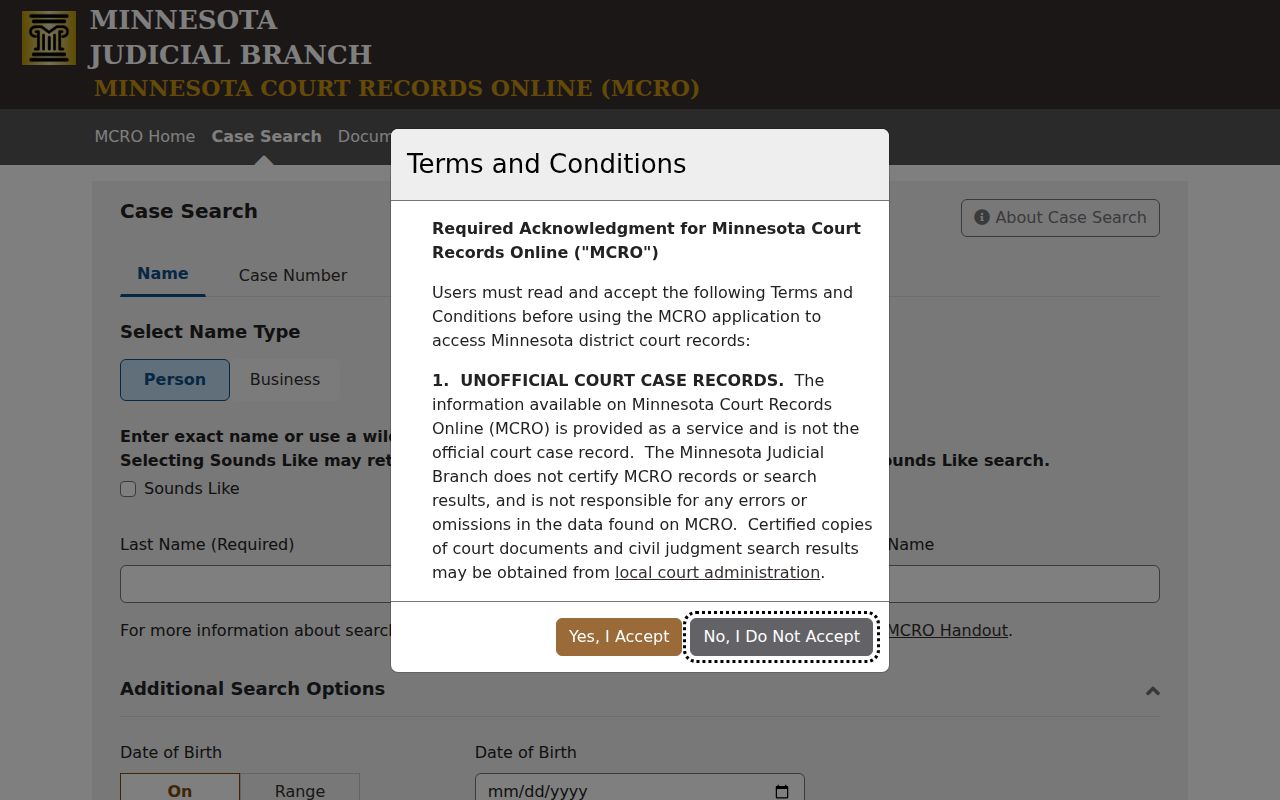 Hastings residents directory MCRO case search tabs and filters